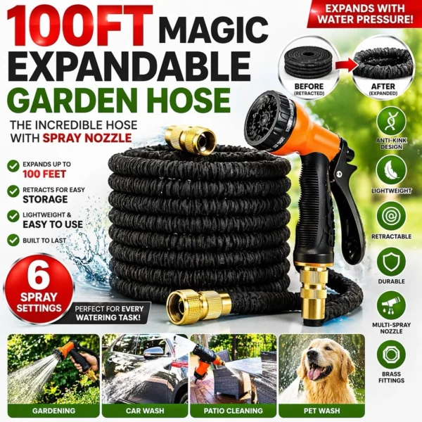 100FT Expandable Garden Hose Pipe with Spray Gun – Flexible Watering Hose