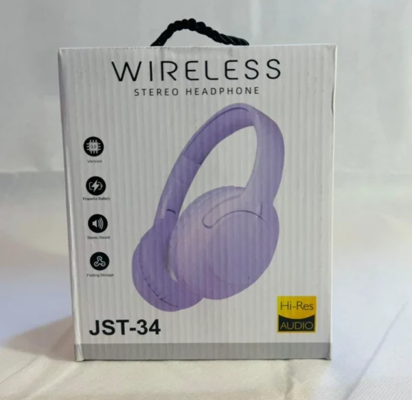JST-34 Wireless Bluetooth Headphones – Hi-Res Stereo Audio, Foldable Over-Ear Headset Purple