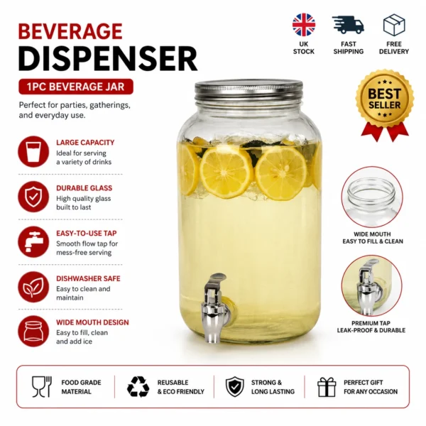 2 x 4L Glass Beverage Dispenser Jars with Tap – Large Drinks Dispenser for Parties