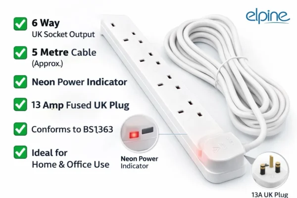 Elpine 6 Socket Extension Lead 5M White – 13A Power Strip