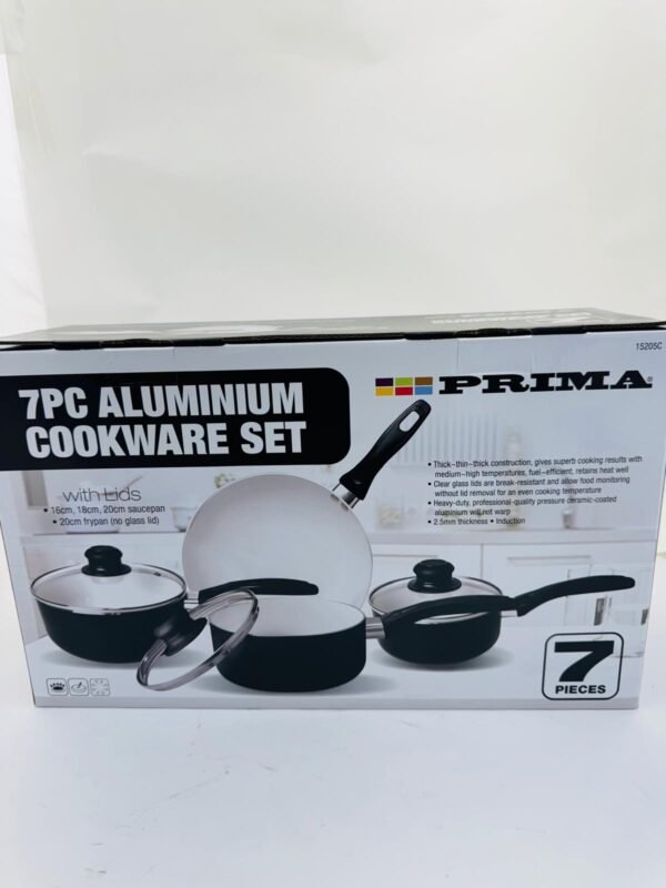 Prima 7PC Aluminium Non-Stick Cookware Set – 3 Saucepans, Frying Pan & Glass Lids