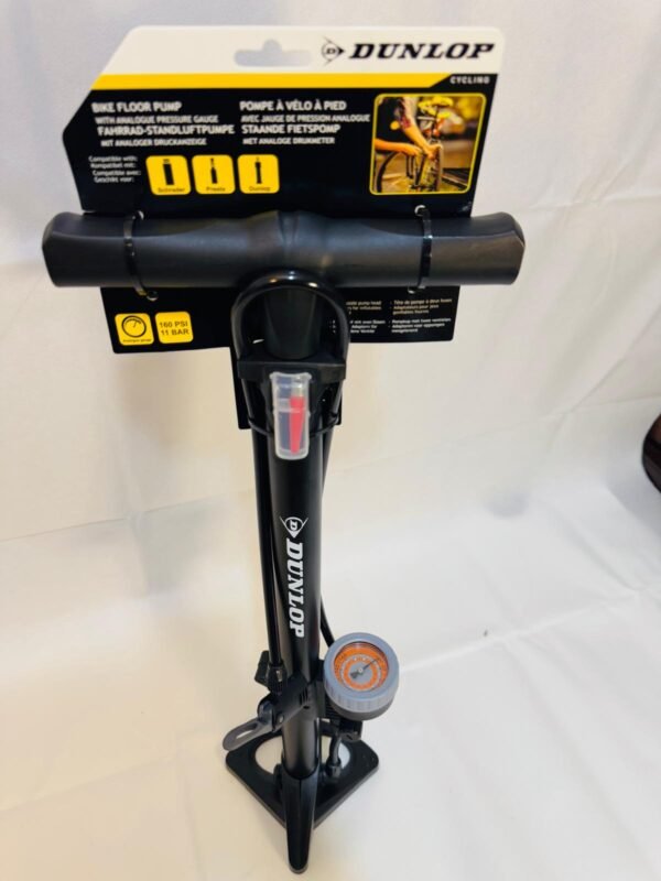 Dunlop Bike Floor Pump with Pressure Gauge – 160 PSI / 11 Bar, Presta, Schrader & Dunlop Valves