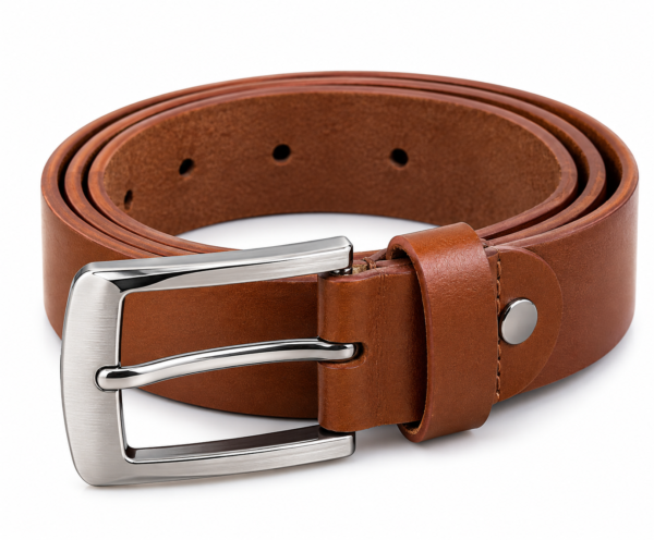Men’s Brown Leather Belt with Silver Buckle – Classic Adjustable Waist Belt
